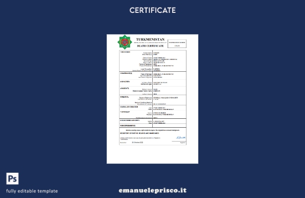 certificato di morte del Turkmenistan in stile verificato modello Word e PDF